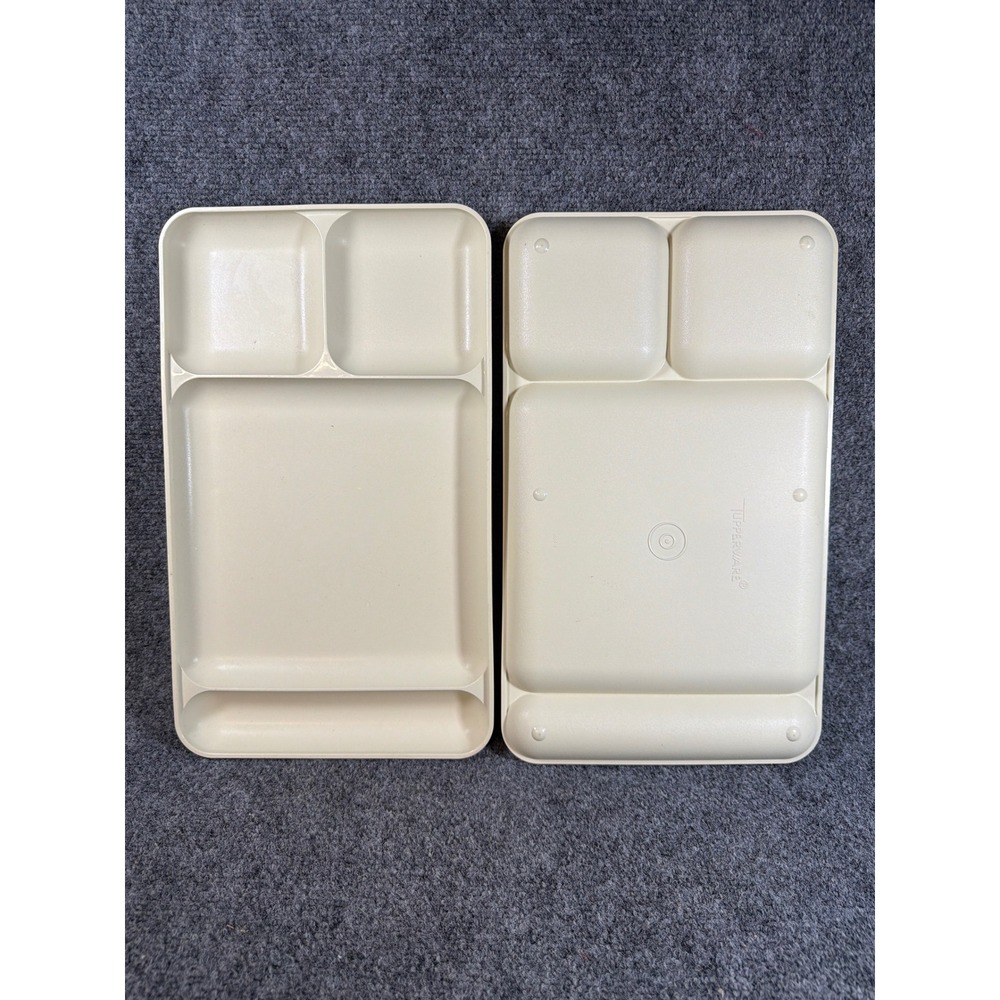 Vintage Tupperware Divided Lunch Trays Set of 2 Almond Cream 4 Compartment 15x9